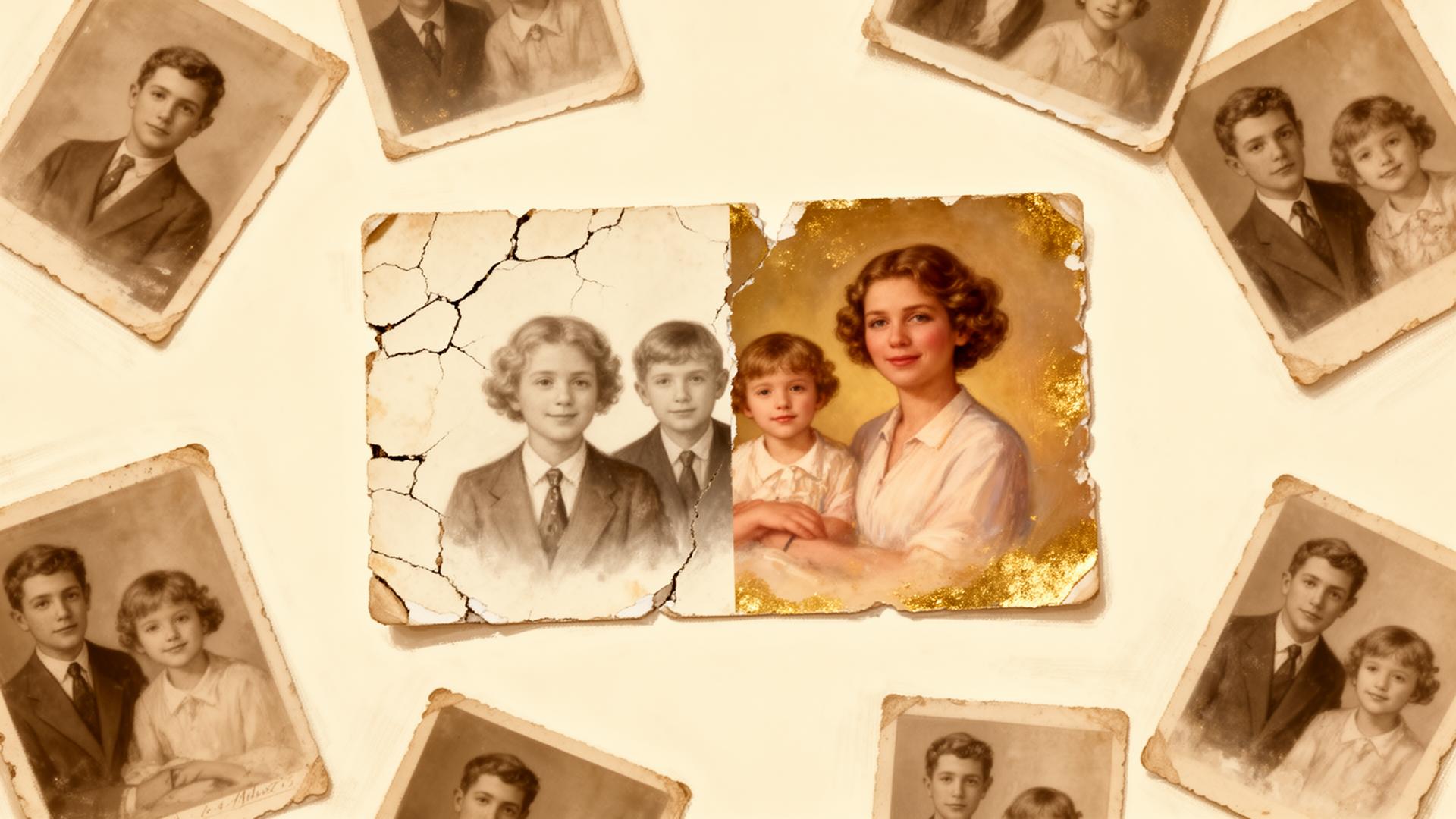 Vintage family photographs being lovingly restored